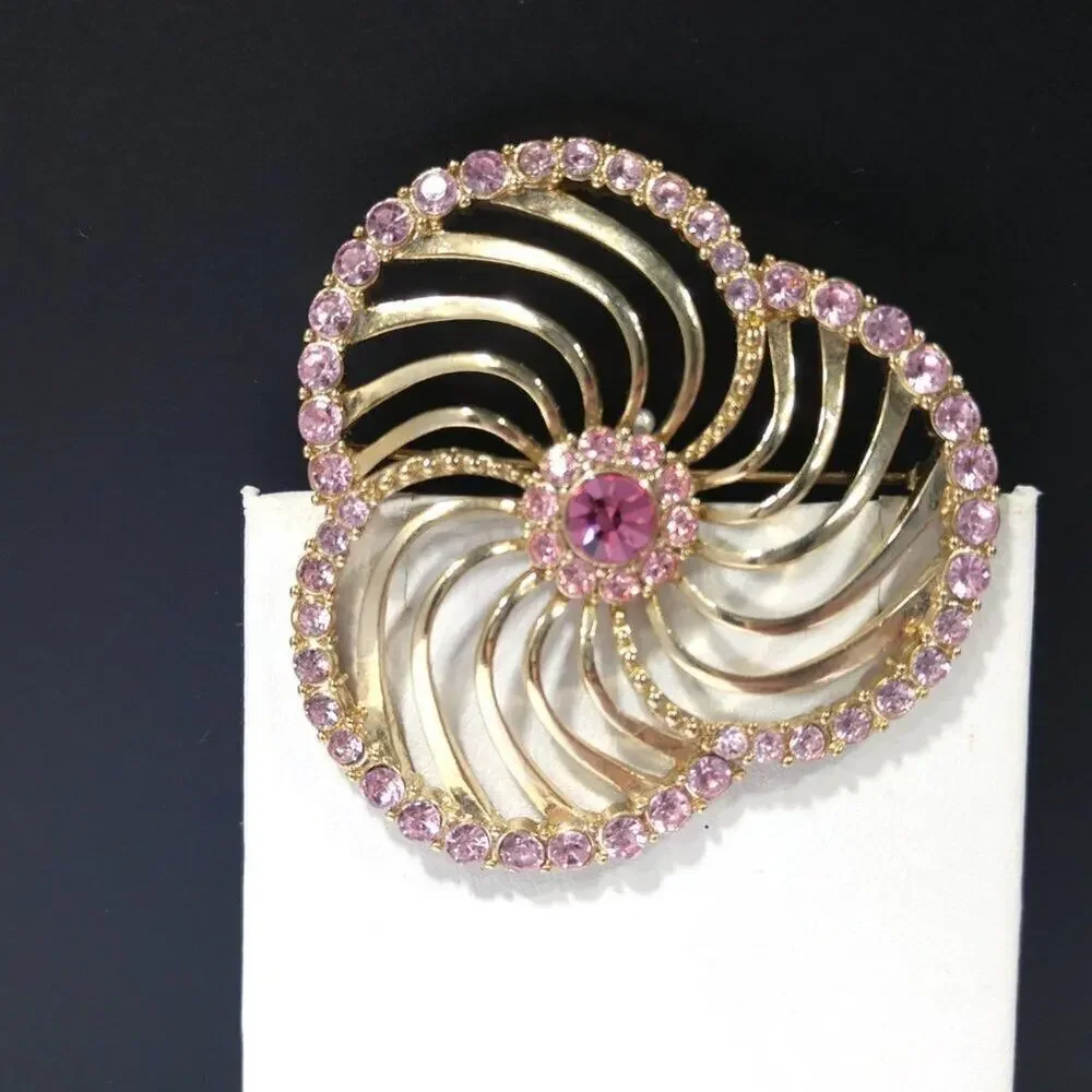 Liz Claiborne Pink Rhinestone Openwork Brooch, 2 1/8 Inches